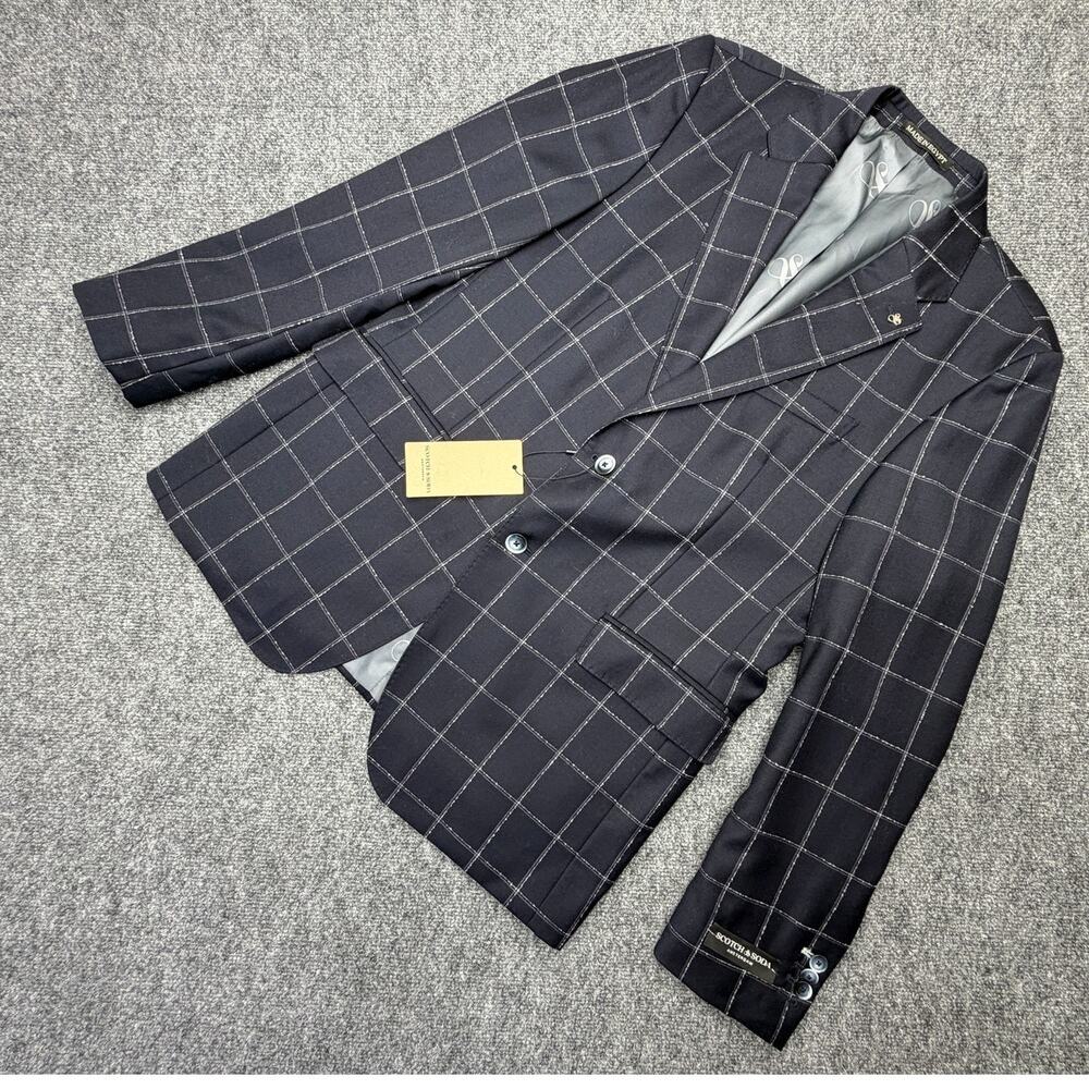 Scotch & Soda Mens 42R Navy Grey Windowpane 100% Wool Sport Coat NWT